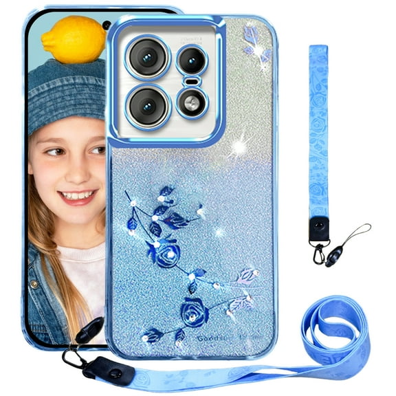 CCSmall for Motorola Edge 50 Pro Bling Case Crossbody Lanyard for Woman Girls, Glitter Diamond Flower Shoulder Strap Wristband Cute Sparkle Protective Case Cover for Moto Edge 50 Pro YSH Blue