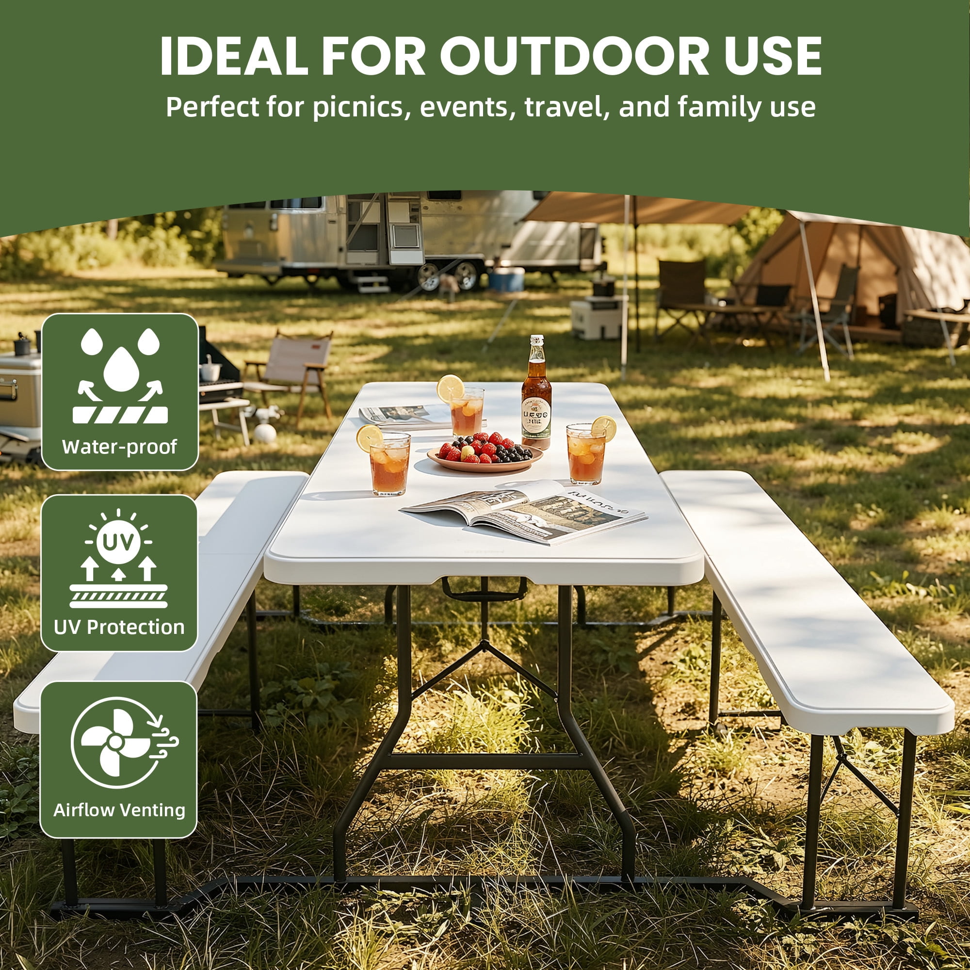 Uforic 6 Ft Folding Picnic Table with Attached Benches, Portable Heavy Duty Outdoor Table with Center Lock & Non-Slip Feet, White