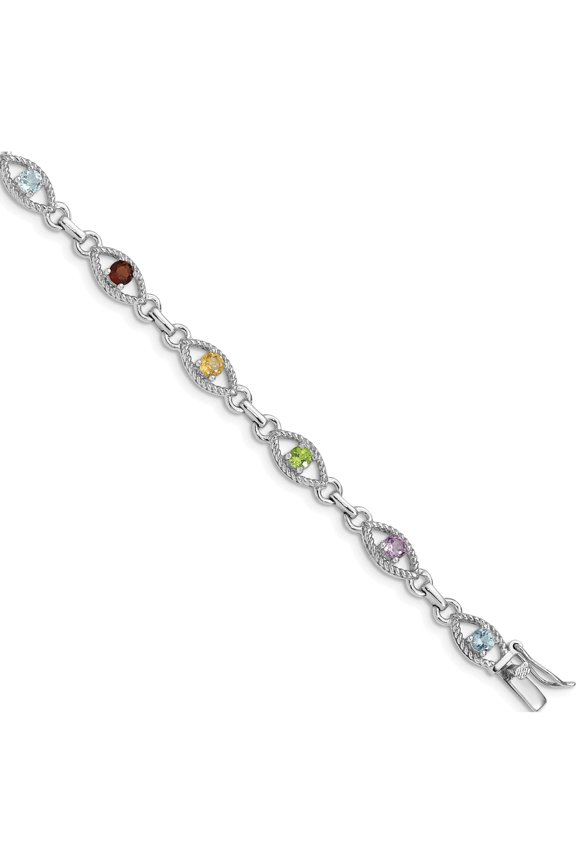 Sterling Silver 7In Rhod Plated Multicolored Gemstone Link Bracelet (7 X 5) Made In China qx802rb