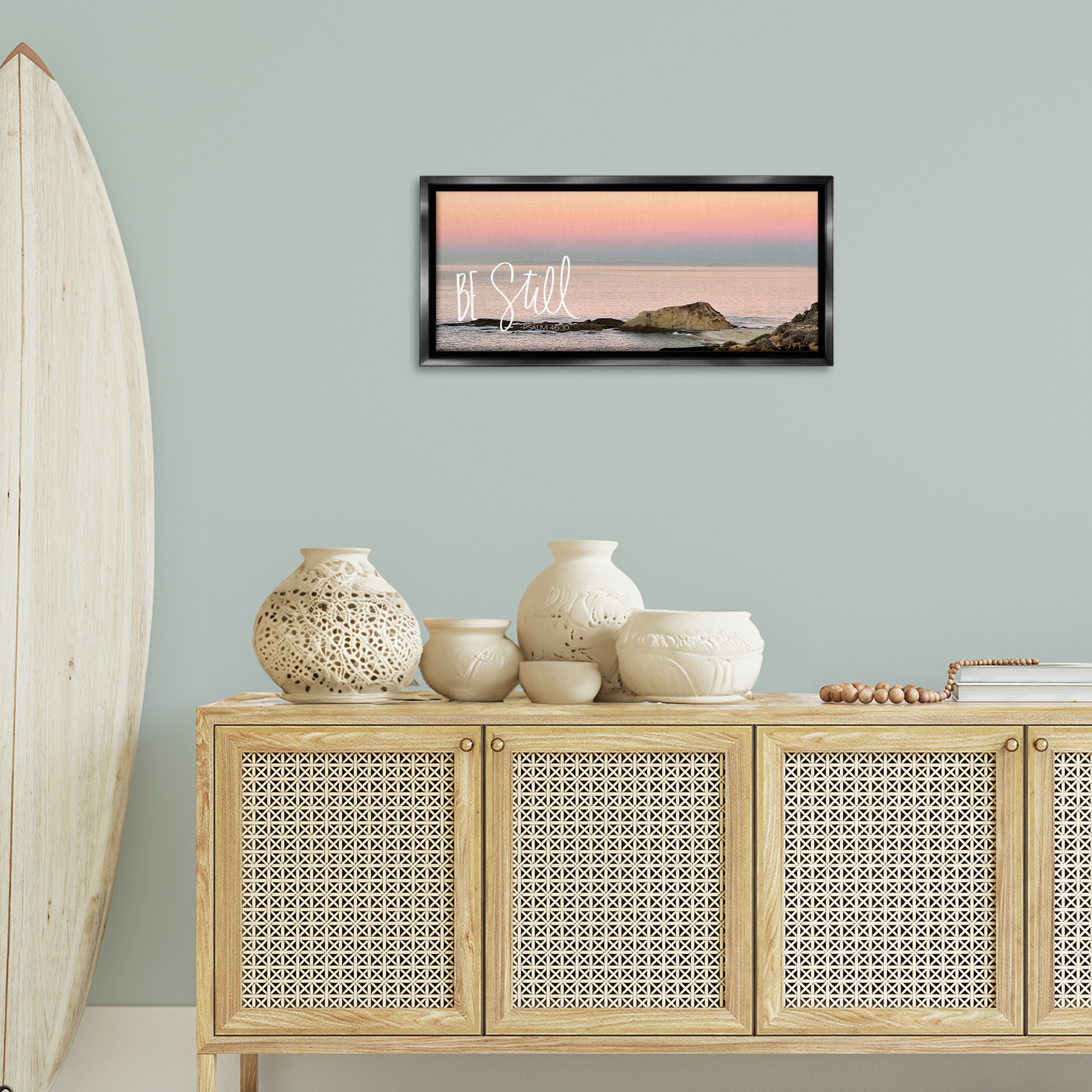Stupell Industries Be Still Peaceful Beach Landscape Painting Black Floater Framed Canvas Art Print Wall Art, 31 x 14