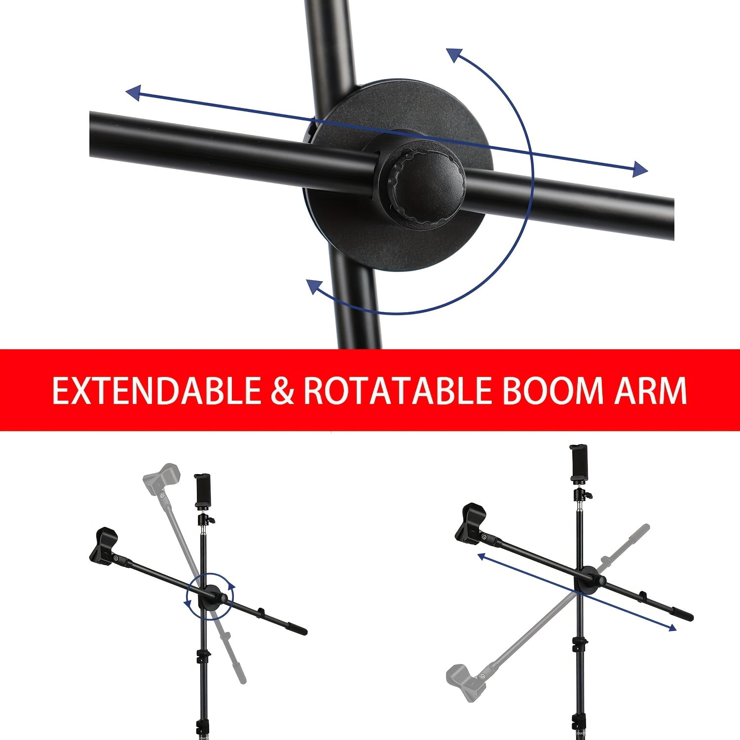 Adjustable Tripod Mic Stand with Boom Arm, Dual Mic Clips & Phone Holder for Live Performances, Stage, Studio, Christmas Gifts