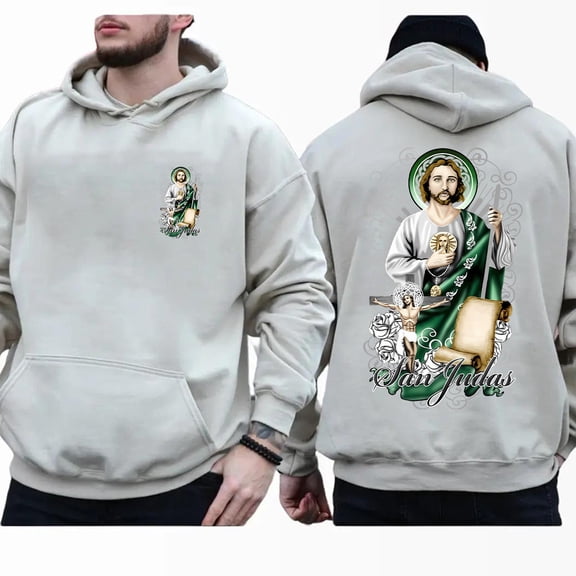 San Judas Tadeo Double-Sided Hoodie – Saint Jude Catholic Graphic Hoodie for Men & Women, Religious Devotion Pullover