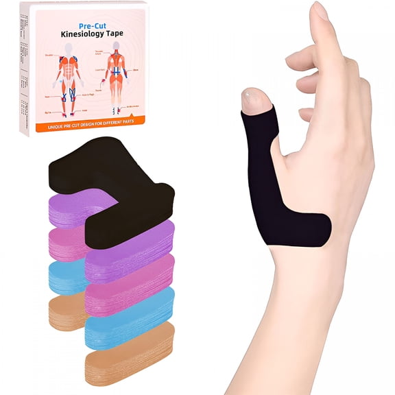 QARUN Precut Kinesiology Tape for Thumb(Right Hand),40 Pcs-Thumb Support&Stability,Thumb Pain Relief Athletic Tape-Waterproof&Elastic,Breathable Hypoallergenic Latex-Free Tape,Black