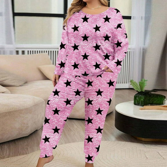 Sakmal Plus Size Pajama Set for Women Pants and Top Pink Soft Long Sleeve Sleepwear Crew Neck Stars Pajamas for Women