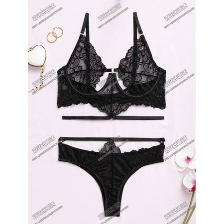 Generic Solid Color Lace See-through Hollow out Three-Point Sexy Lingerie Sexy Two-Piece Set