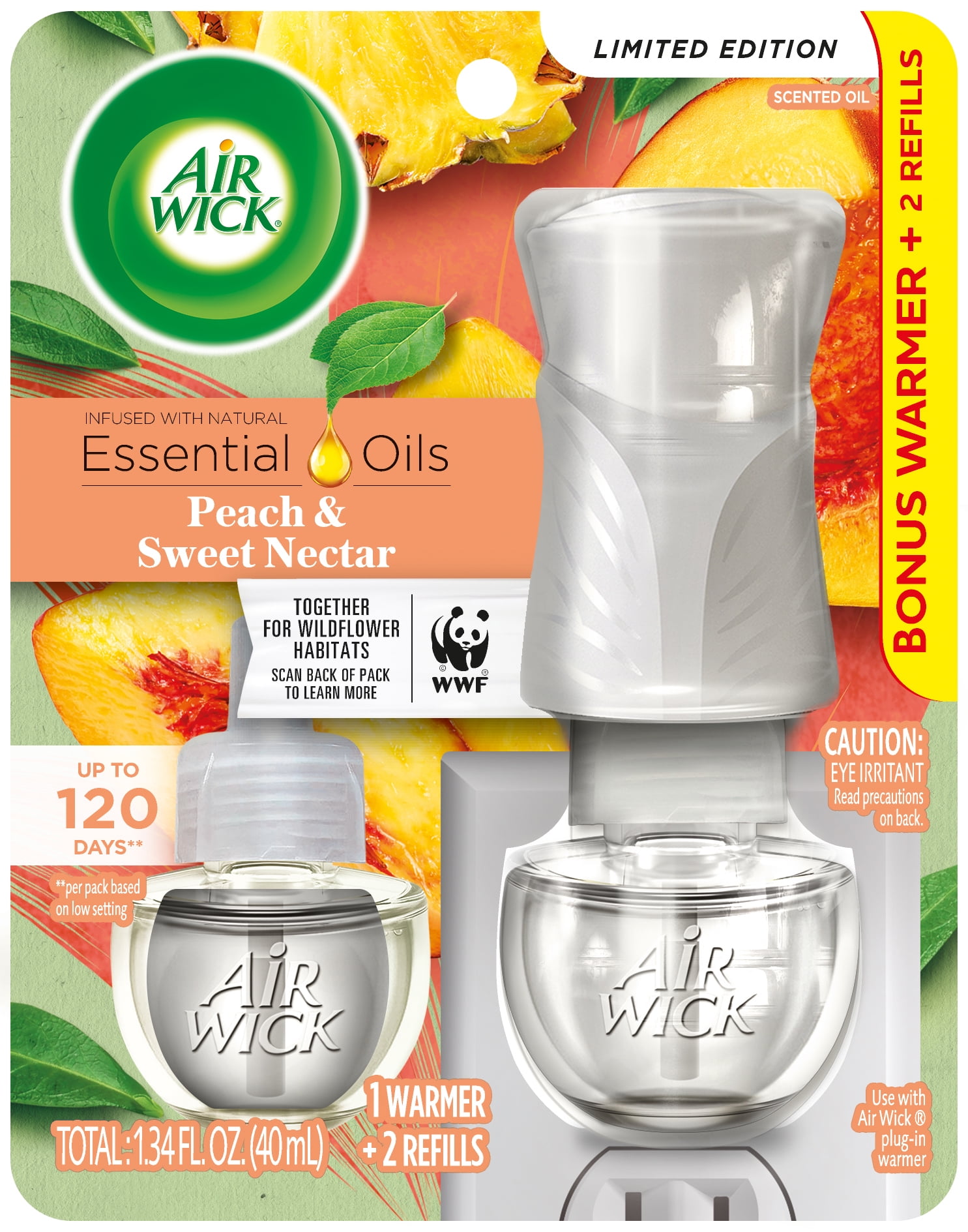 Air Wick Plug in Scented Oil Starter Kit (Warmer + 2 Refills), Peach & Sweet Nectar, Air Freshener, Essential Oils, Spring Collection