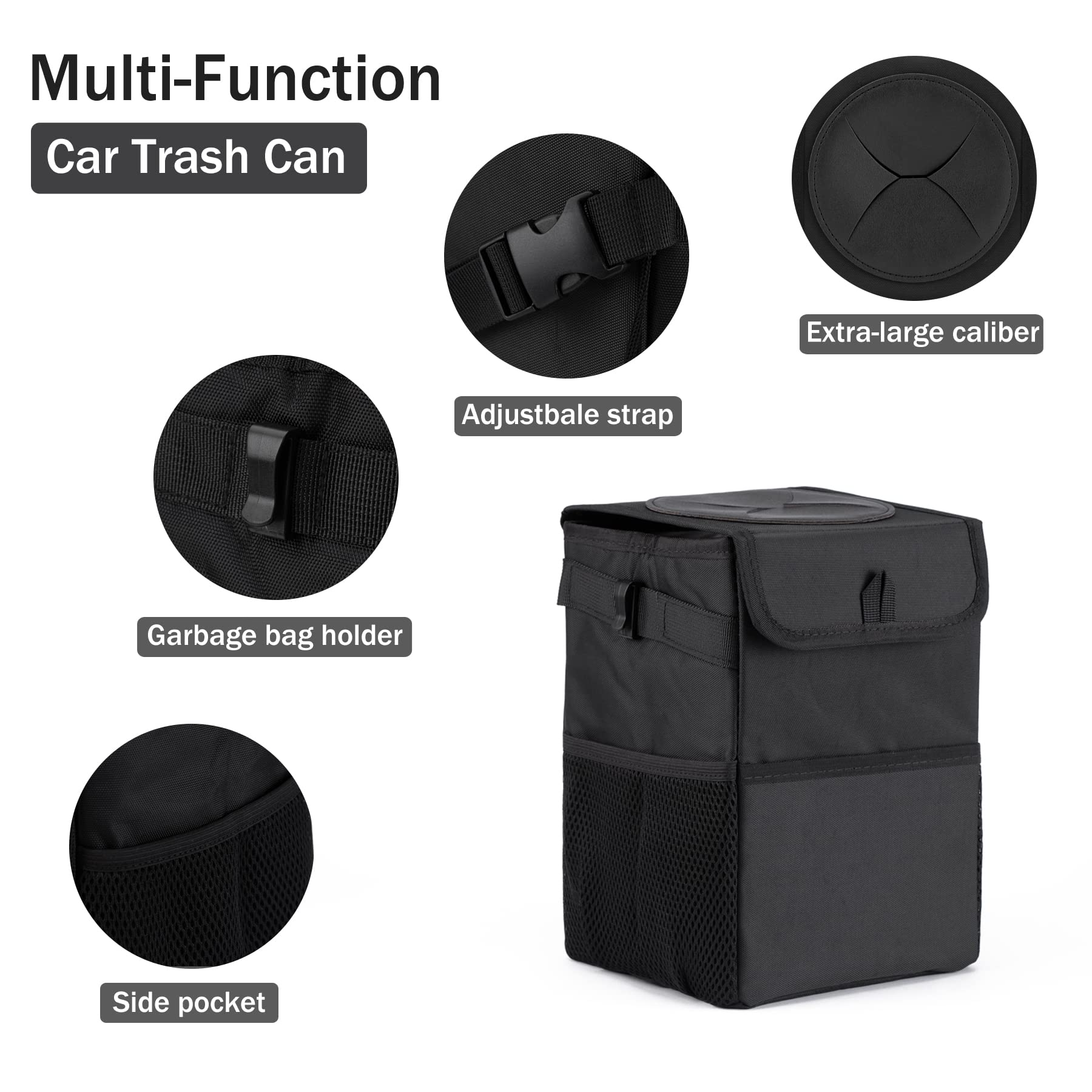 JUSTTOP 6L Waterproof Mini Car Trash Can with Lid and Storage Pockets,Car  Trash Bag Hanging Accessories, Multipurpose Car Garbage Bag Can (Black) 