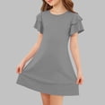 thumbnail image 2 of Fesfesfes Girls' Summer Solid Color Short Sleeve Crew Neck Elastic Waist Dress Casual Comfortable Dress for Kids A-line Ruffle Sleeve Casual Dress 5-15 Years, 2 of 6