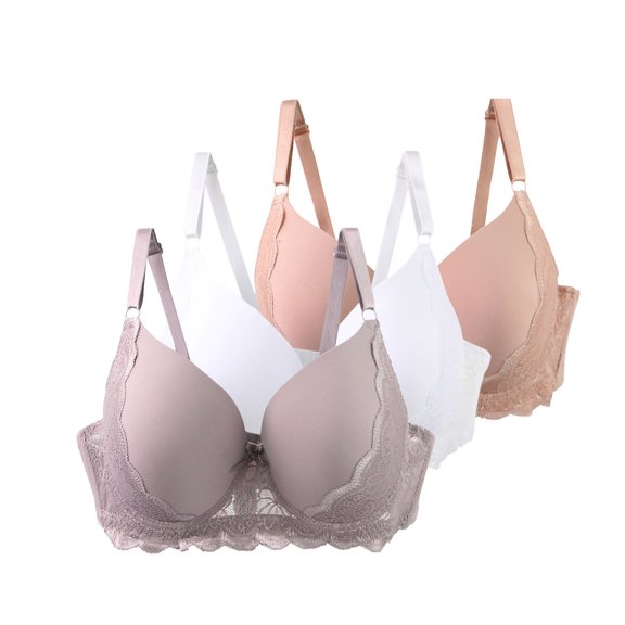 SYMOID Women's Plus Size 115C Bras 3 Pack Beige - Supportive, Soft Stretch with Lace Trim & Molded Cups for Everyday Wear