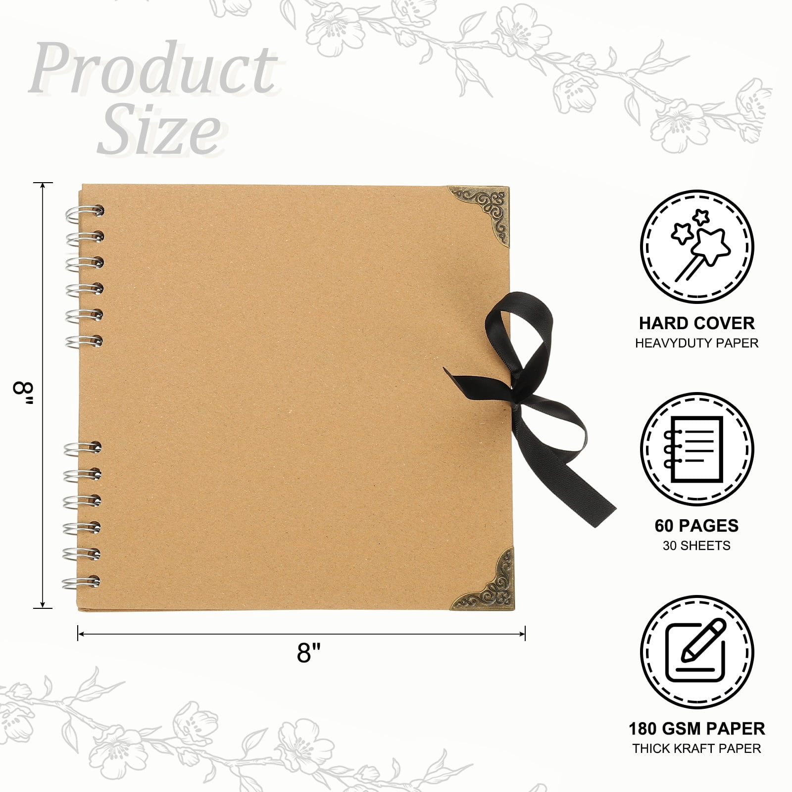 Uxcell Scrapbook Photo Albums, 8x8 Inch 60 Pages with Ribbon Protector, Khaki, 1 Pcs