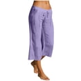 thumbnail image 3 of Womens Cotton Linen Straight Leg Capri Pants with Pockets, Mid Waisted Elastic Waist Loose Fit, Casual Summer Trousers, Beach Outdoor Lounge Cropped Pants for Women | UKHCCC,Purple M, 3 of 8
