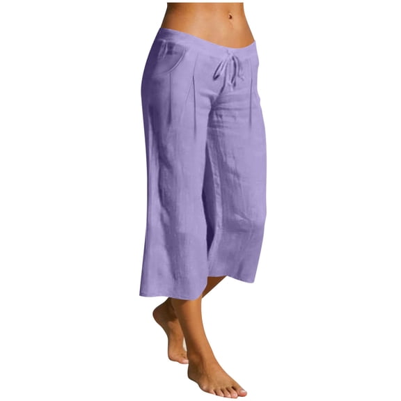 Oksale Wide Leg Capri Pants for Women Loose Cozy Cotton Linen Capris with Pockets Lightweight Elastic Low Rise Cropped Trousers Purple M
