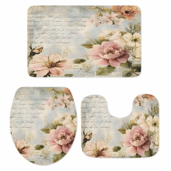 Farmhouse Pink Floral Bath Mat 3 Piece Bathroom Rug Set, Spring Vintage Botanical Flowers Non Slip Bath Rug Contour Mat and Toilet Lid Cover, Absorbent Shower Mats Soft Bath Rugs and Mats Sets