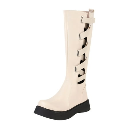 

Winter New Womens Boots Fashion Womens Shoes British Style Leather Solid Color Flat Heel Side Elastic Belt Knee High Boots