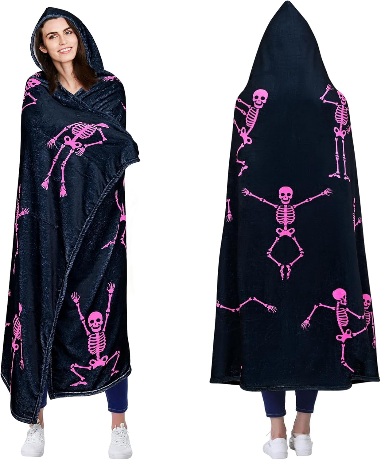 Halloween Wearable Blanket Hoodie Blacklight Skeleton Dance Hoodie Blanket with Hand Pockets, Funny Skull Soft Flannel Adult Hooded Blanket for Women and Men, 50 X 60 Inches (Black)