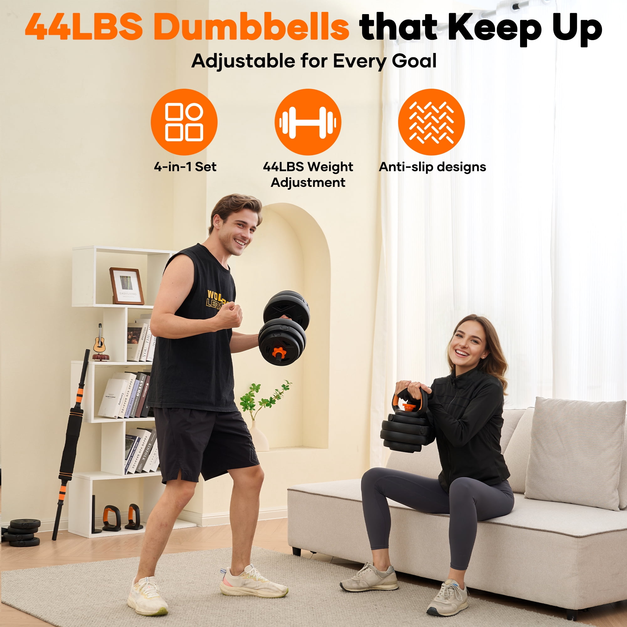 Naipo 44lb Adjustable Dumbbell Set 4 In 1 To Kettlebell Barbell and Push Up Stand Home Gym Weights Dumbbells for Beginners Youth Women Space Saving Workout Equipment