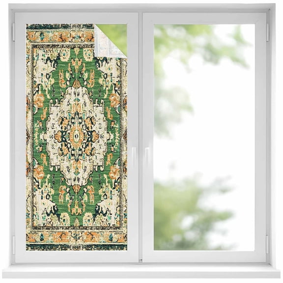 Green Boho Window Privacy Film, Farmhouse Tribal Vintage Tribal Texture Static Cling UV Sun Blocking Heat Control Window Tint Day and Night, Non-Adhesive One Way Windows Privacy Cover 17.7''x39.3''