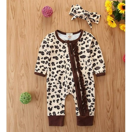

Baby Girls Cheetah Print Zipper Ruffle Romper with Headband