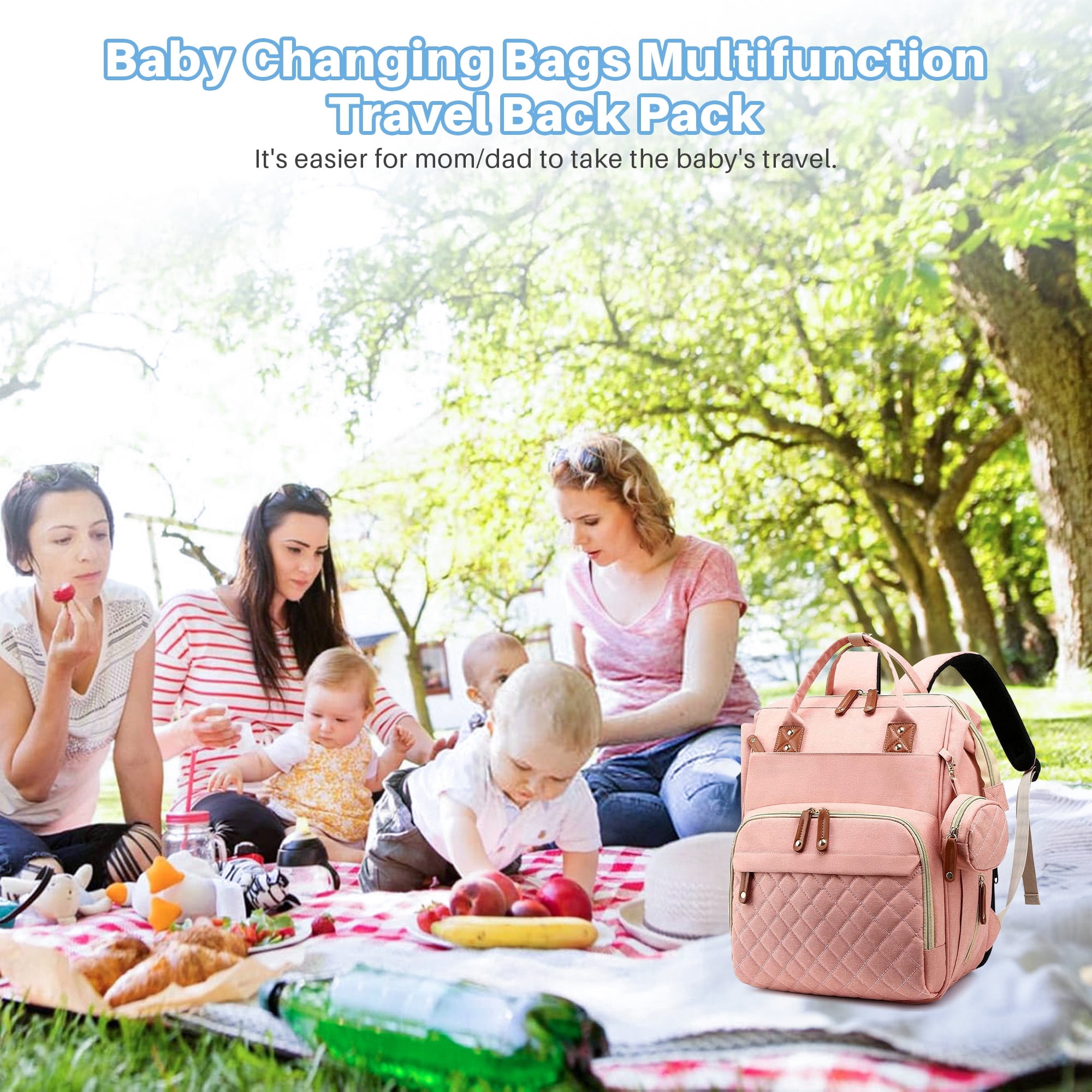 Morfone Baby Diaper Bag Backpack, Multifunction Waterproof Baby Bag with USB Charging Port, Stroller Straps & Pacifier Case Unisex, Pink