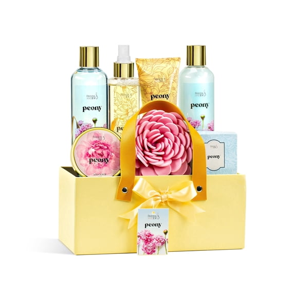 Peony Spa Gift Basket for Women, Mother’s Day Bath & Body Gift Set with Shower Gel, Bubble Bath, Body Mist & Bath Salts, Self Care Gift Box