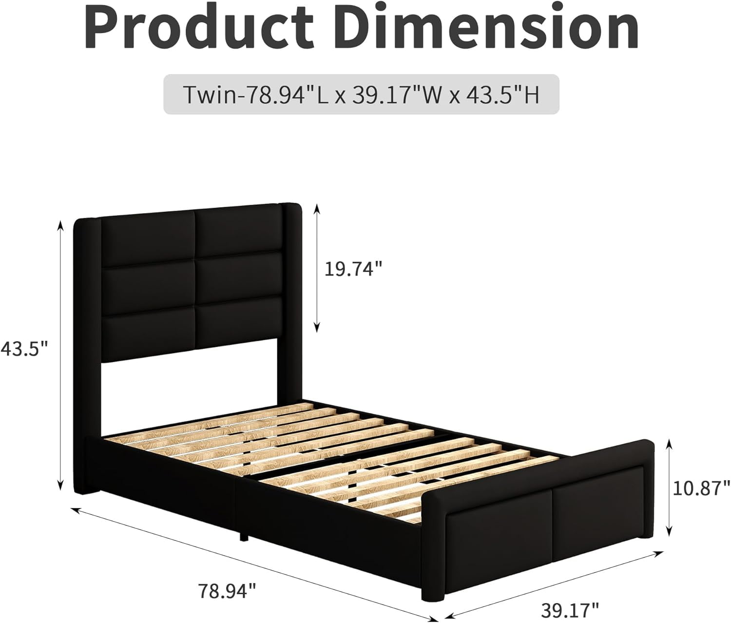 4 EVER WINNER Twin Bed Frame with LED Light, Modern Upholstered Platform Bed Frame Headboard and Footboard, Black Twin Size Bed Frame, Black
