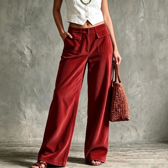 Womens Fall Corduroy Pants High Waisted Wide Leg Relaxed Fit Button Front Trousers With Hand Pockets Red S