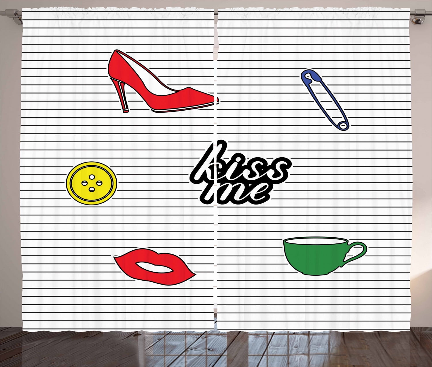 Window Curtains Sticker Kiss Me Curtains 2 Panels Set, Retro Style Sticker Design Shoe Cup Pin ...