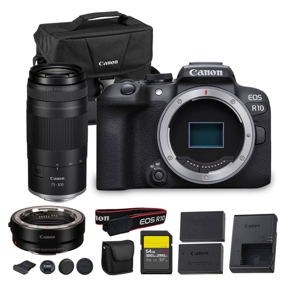 Canon EOS R10 Mirrorless Camera 24.2MP APS-C Sensor 4K Video Dual Pixel AF Compact Lightweight Vlogging Travel Camera (5331C002)   Canon RF 75-300mm Lens   Adapter EF-EOS R   64GB Card   More