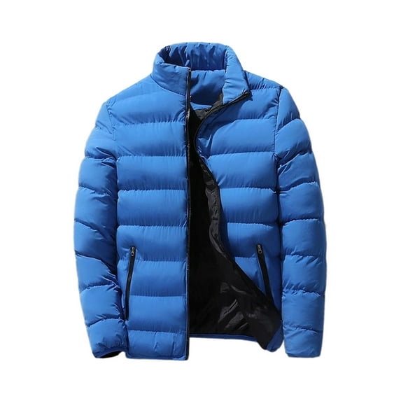 Frontwalk Men's Winter Warm Jacket Stand Collar Down Coats Long Sleeve Coat Travel Casual Outwear Color Block Puffer Jackets Blue 2XL