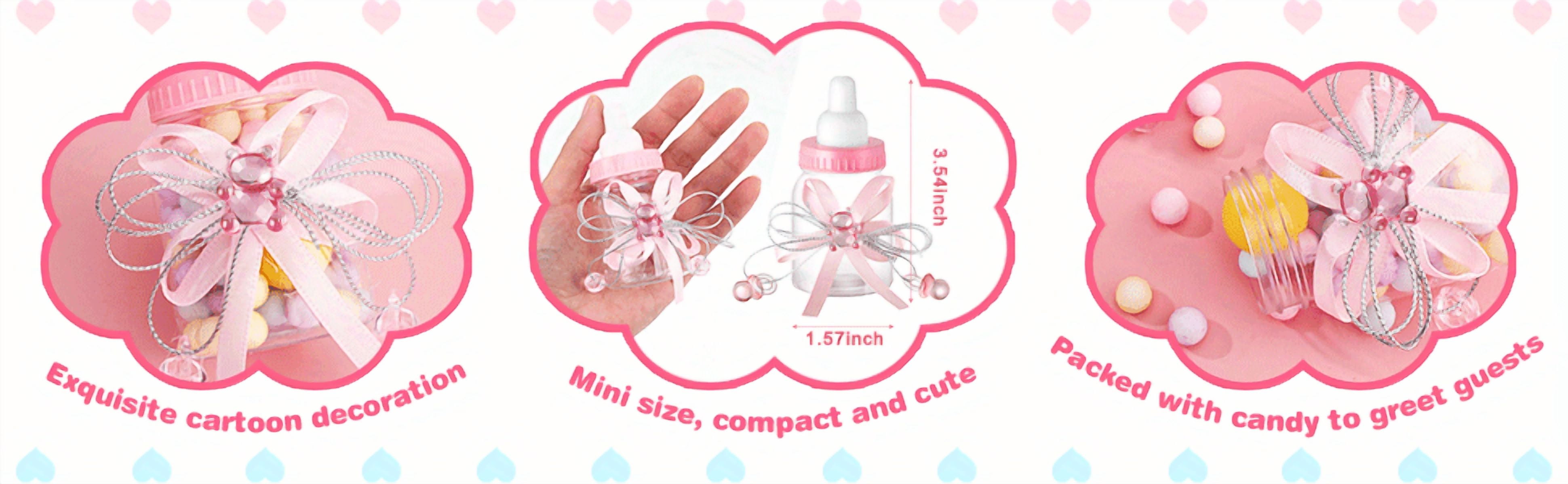 48pcs Mini Clear Milk Bottles 3.54×1.57in with Pink Ribbon, Cute Plastic Baby Shower Favors, Candy Containers for Girl Baby Shower Decorations, Gender Reveal Party Supplies