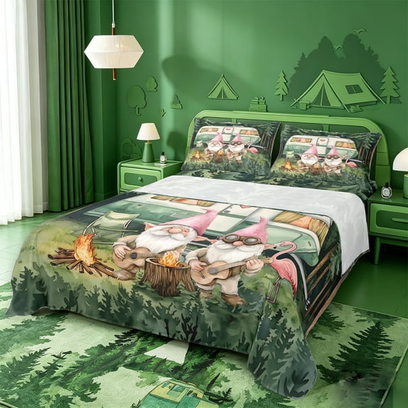 meiyoeat Happy Camping Bed Sheets,Girls,Cute Gnome Camper Print Full Size Sheets For Girl,4-Piece,1 Flat Sheet,1 Fitted Sheet and 2 Pillowcases