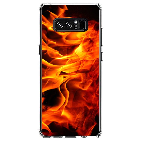 DistinctInk Clear Shockproof Hybrid Case for Samsung Galaxy Note 8 - TPU Bumper, Acrylic Back, Tempered Glass Screen Protector - Red Black Flame Fire - Printed Image of Fire