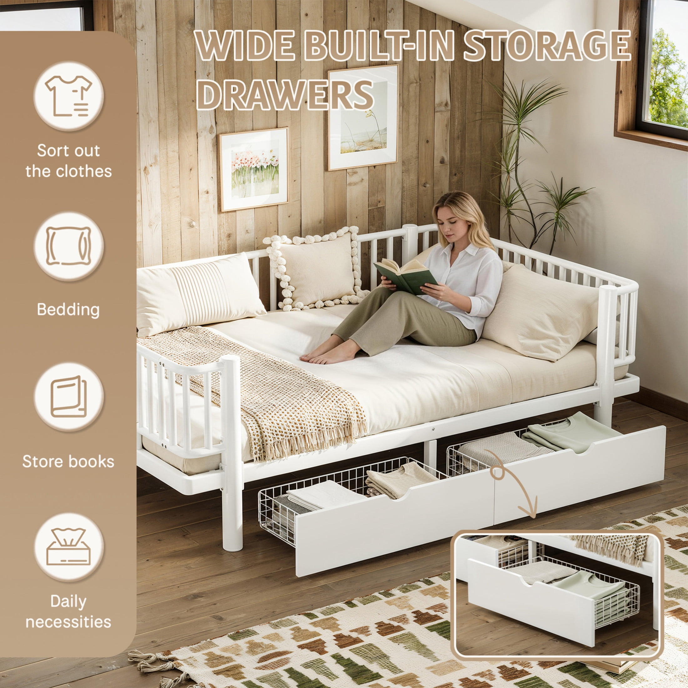 Noble House Full Size Platform Bed with Storage Drawers, Daybed Frame with Round-Pipe Design, White