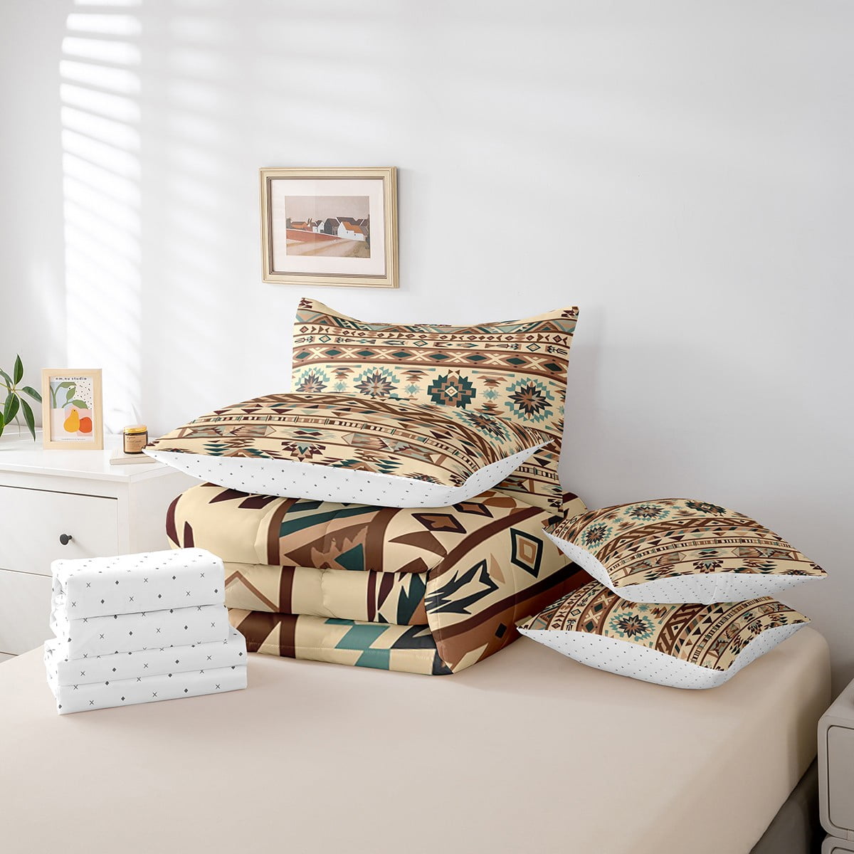Erosebridal Western Comforter King Size Bed in a Bag 7 Pieces,Southwestern Bed Set with Comforter, Aztec Comforter Sets, Triangle Bed Set Vintage Stripes Western Home Decor