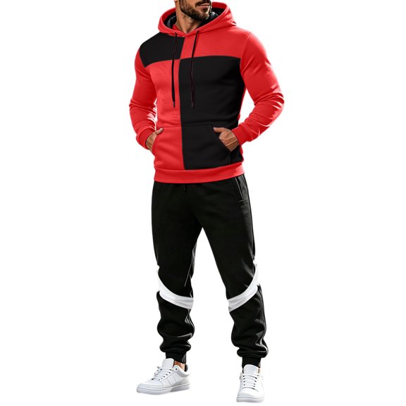 Lyrehush Casual Outfits for Men Color Block Pullover Hooded Sweatshirt with Jogger Pants Tracksuits