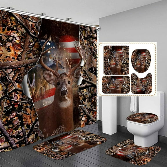 4PCS Cabin Shower Curtain Set, Brown Buffalo Plaid Deer Elk Moose Black Bear Forest Woodland Animals Wildlife Hunting Lodge Country Rustic Farmhouse Bathroom Decor, Non-Slip Bath Mat