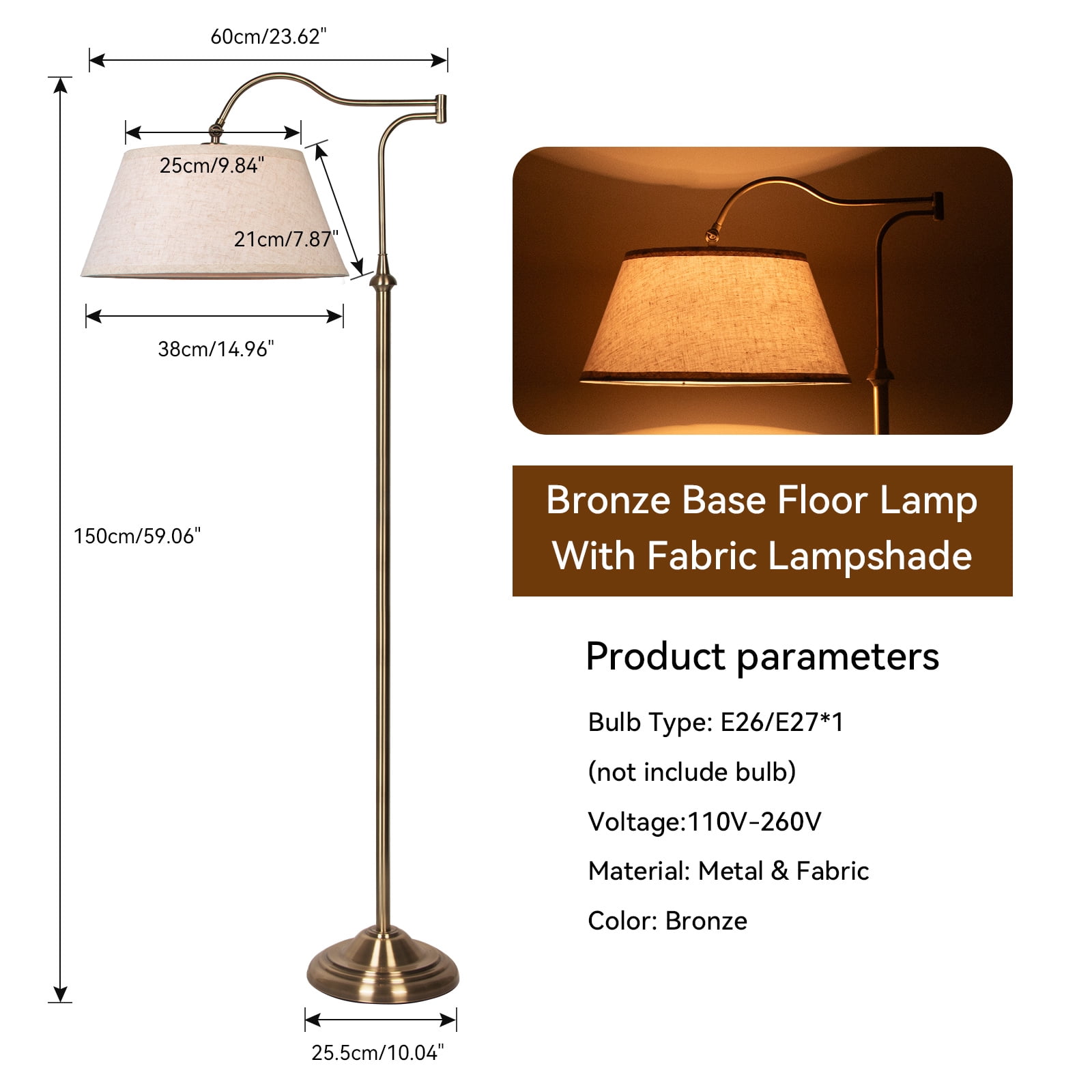 HonoDing Cantilever Floor Lamp, Standing Chandelier Floor Lamp with 180° Adjustable Swing Arm, Modern Floor Lamps with Linen Shade,Classic Lamp for Living Room Office Bedroom Reading(Bronze)