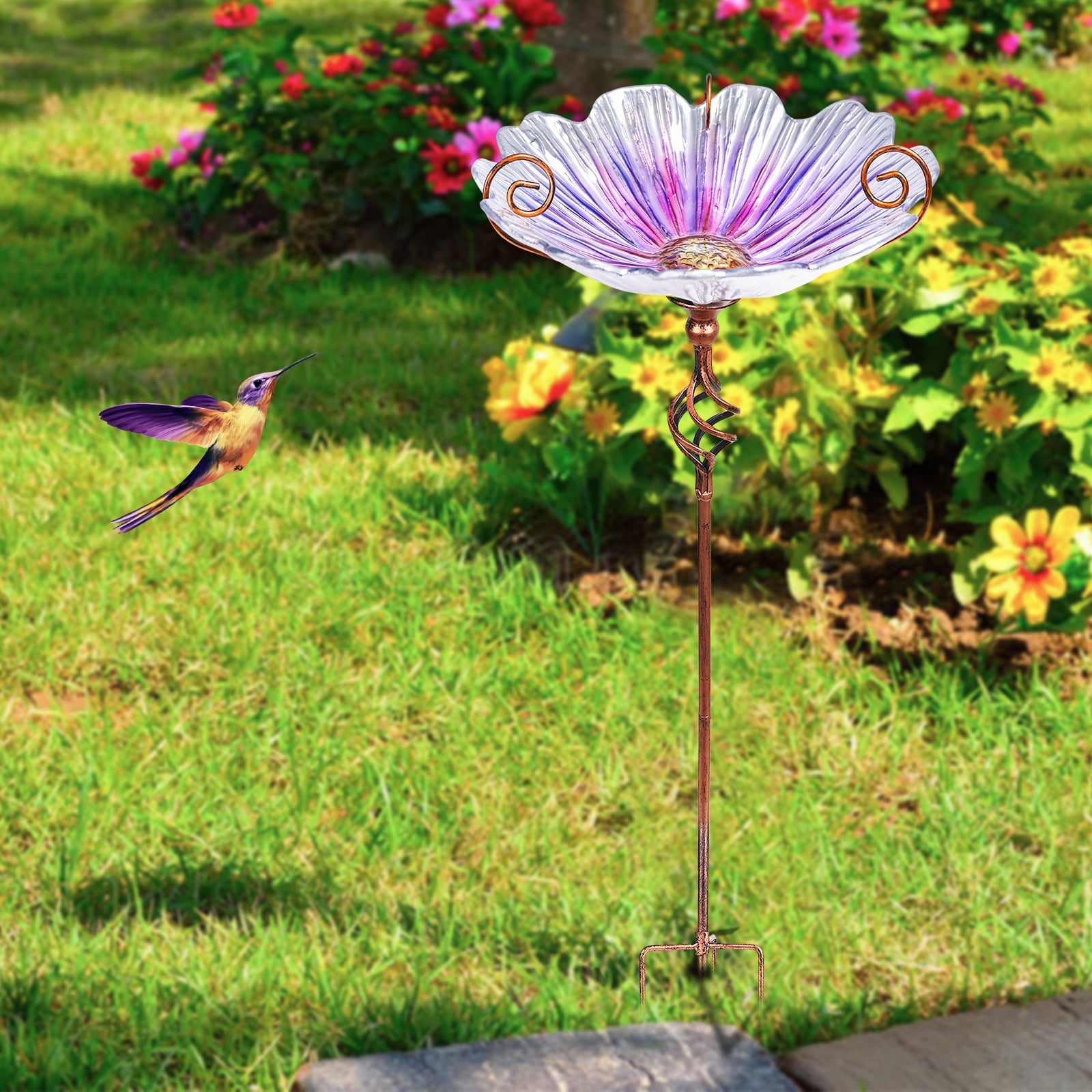 Outdoor Bird Bath,Flower-Shaped Glass Bird Bath, Metal Stand,Decorative Outdoor Garden Bird Feeder for Attracting Birds,Purple