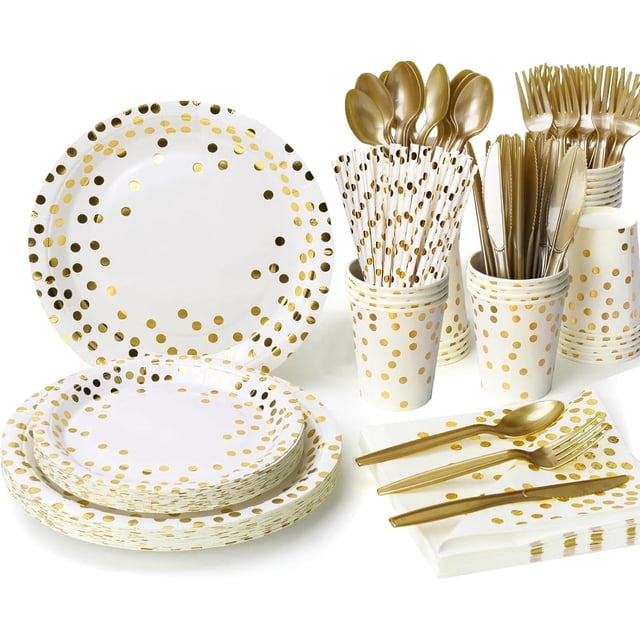 Juego Vajilla Fiesta 200 Piezas, Platos, Cubiertos y Vasos Reutilizables, Incluye Cucharas, Tenedores, Cuchillos, Servilletas, Para Bodas, Cumpleaños, Navidad y Eventos (Blanco)