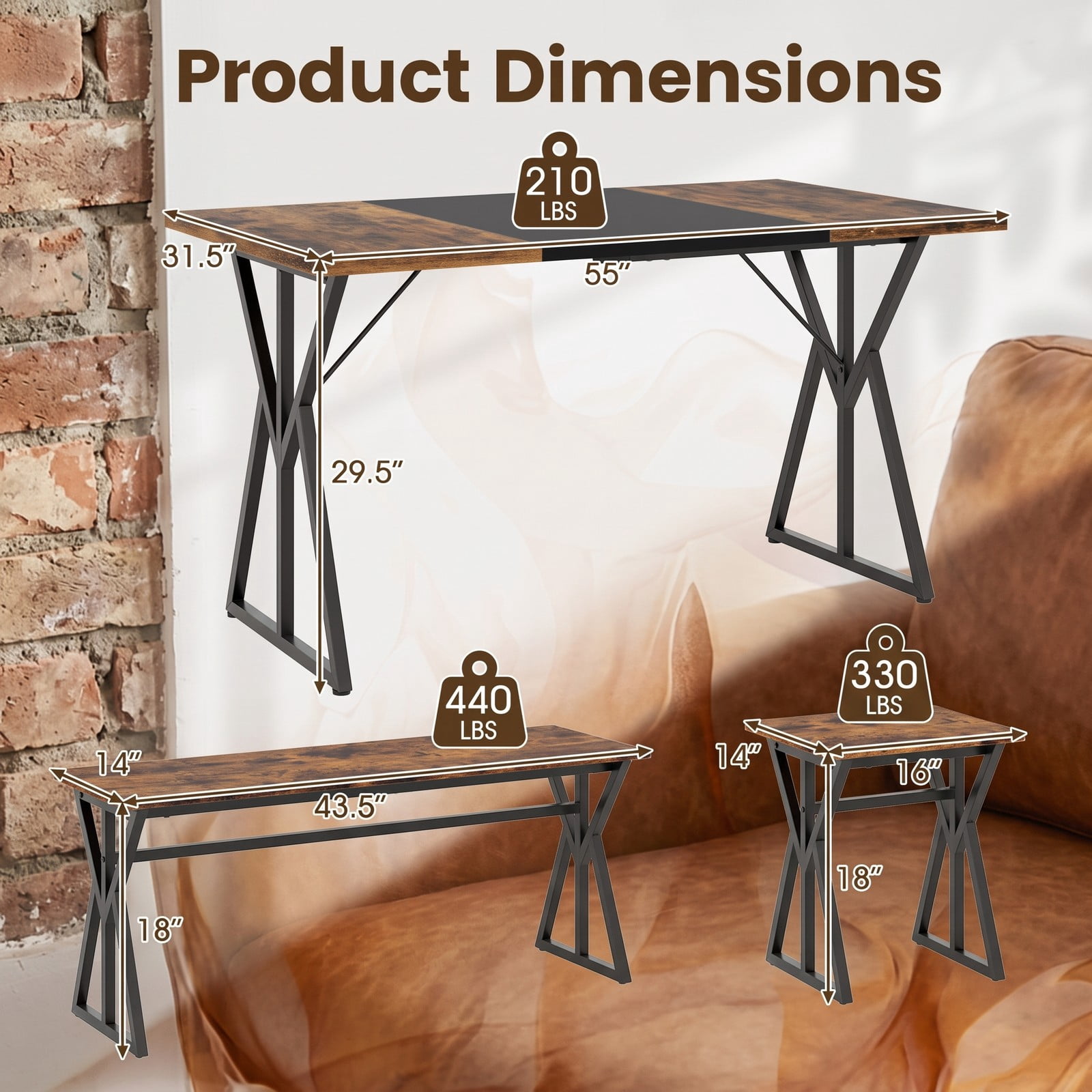 Furnibear 5 Piece Industrial Dining Set with Rectangular Table 2 Benches and 2 Stools for Kitchen Dining Room and Small Apartments, Rustic Brown