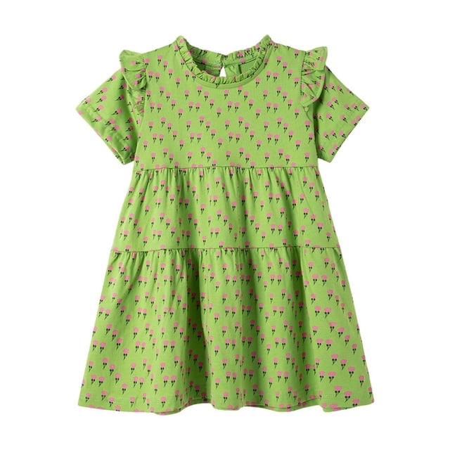 Robes Décontractées pour Filles Été Imprimé Floral Col Rond Manches Courtes Midi Robe Décontractée Tenue de Vacances, Vert, 7-8 Ans