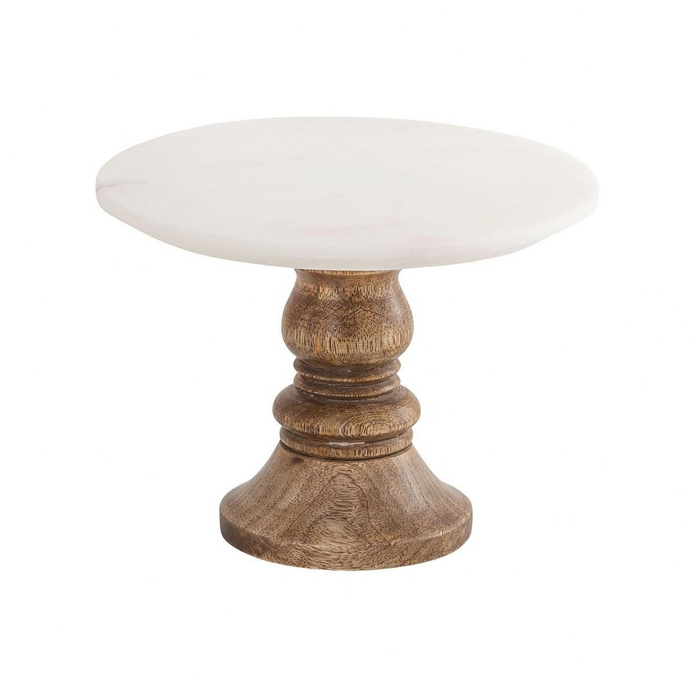 Round Wood/White Marble Cake Stand In Mango Wood/Natural
