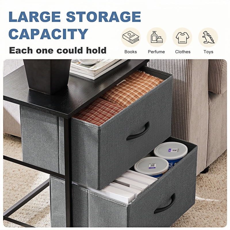 Kelno 2PCS Nightstand 2-Drawer Fabric Storage Dresser Small Bedside Table Wood Top, Gray