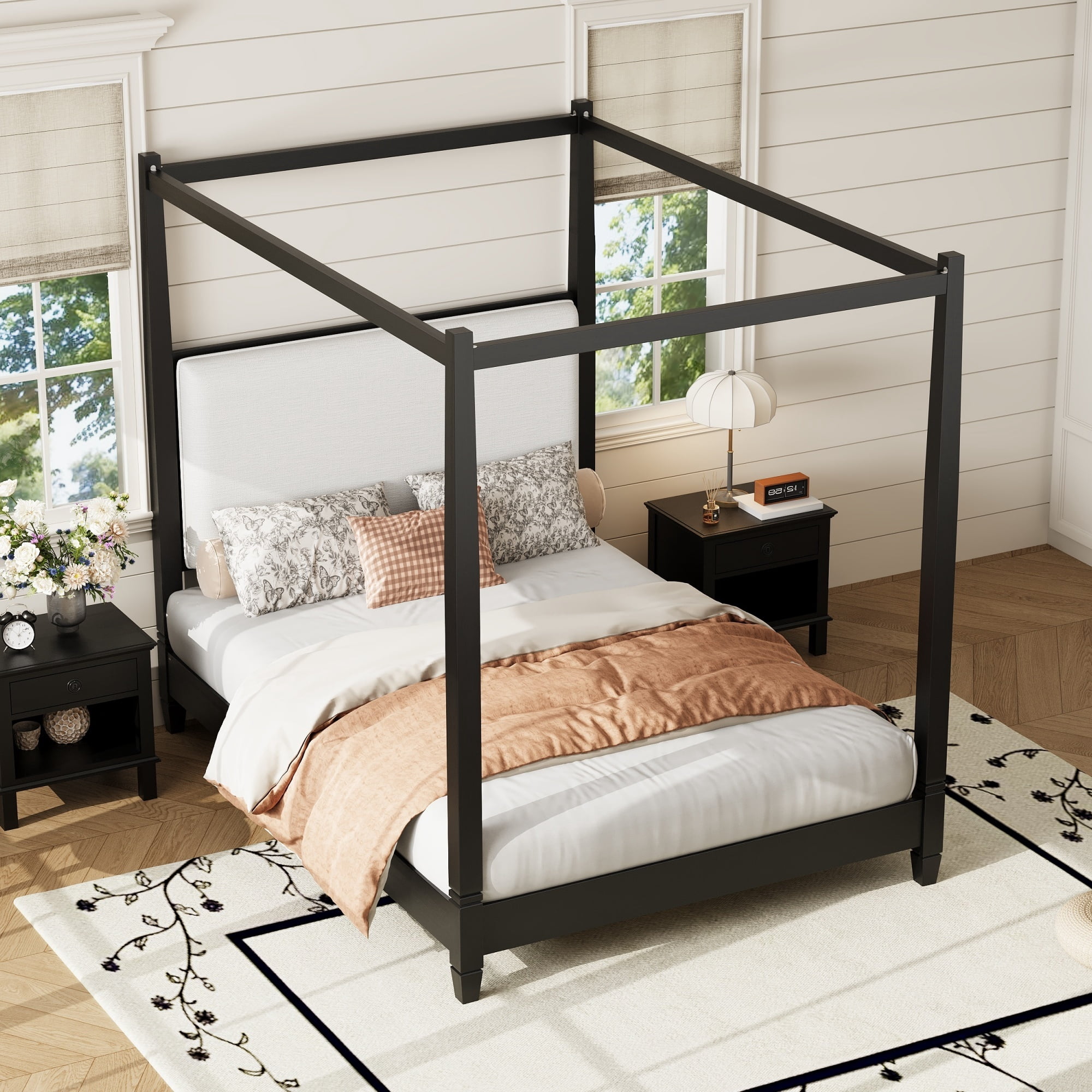 Euroco Wood Queen Size Canopy Platform Bed with Upholstery Headboard, Black