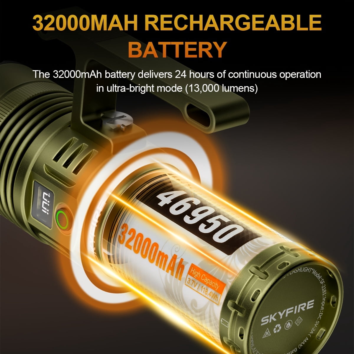 SKYFIRE 32000mAh Rechargeable Flashlight 13000LM for Outdoor Boat Farm Use