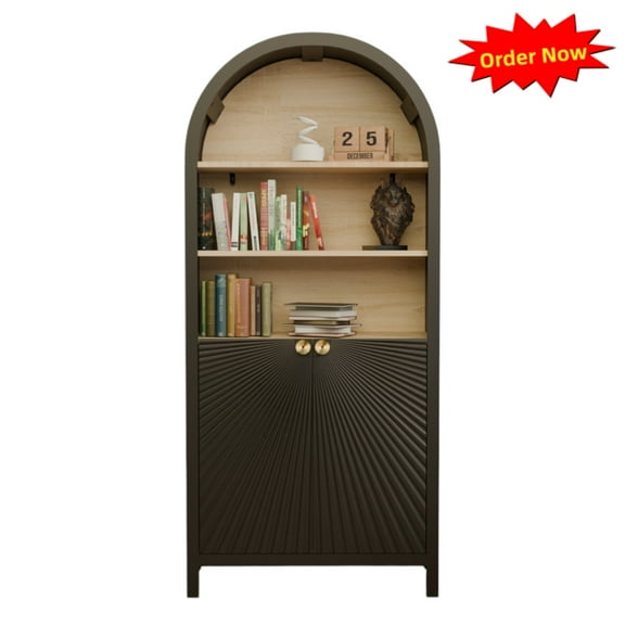 Tcbosik 5-Tier Book Shelf, Arched Bookcase with Open Shelves and 2 Doors, 61" Tall Storage Cabinet, Display Rack for Home Office, Living Room, Black