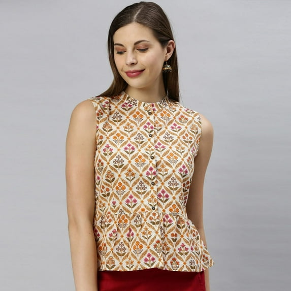 Janasya Indian Chinese Neck Sleeveless Floral Print Cream Cotton Top For Women