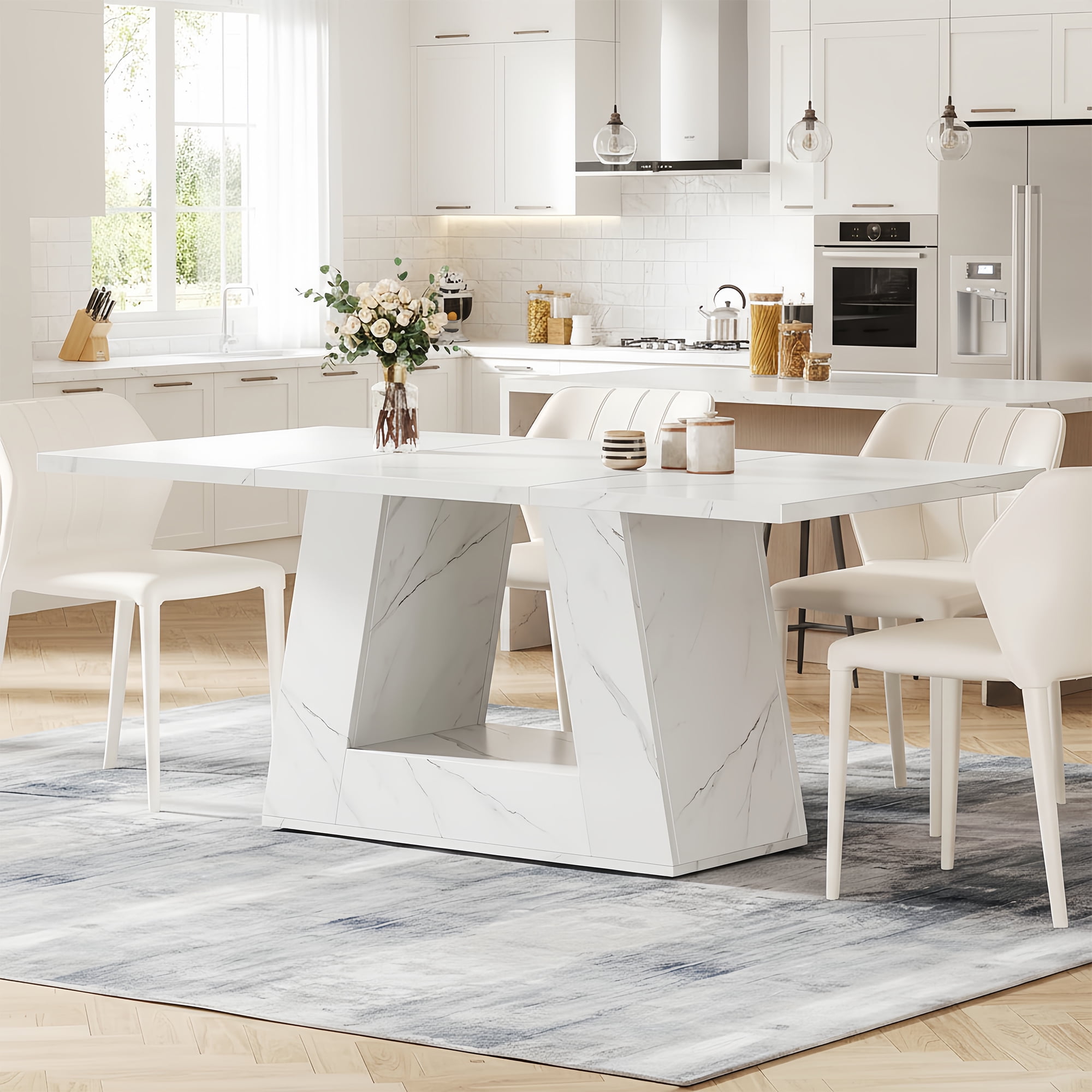 Modern Faux Marble Dining Table, 63" Rectangular 4-6 Seater Wood Table with Sturdy Base, Kitchen Living Room Dinner Table