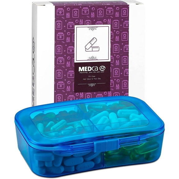 MEDca Portable Daily Pill Organizer Box with 6 Compartments, Multicolor - Plastic