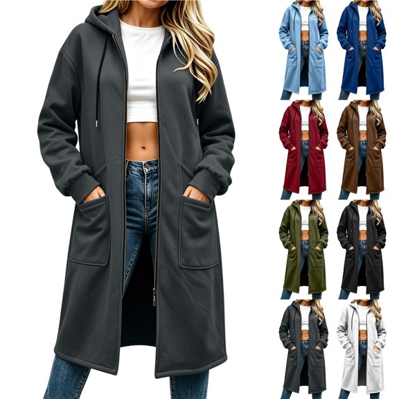 Smsaxvxz Women's Sweatshirt Casual Solid Zip Up Hoodies Loose Fit 2026 Fall Fashion Long Jacket Coat Dark Gray L